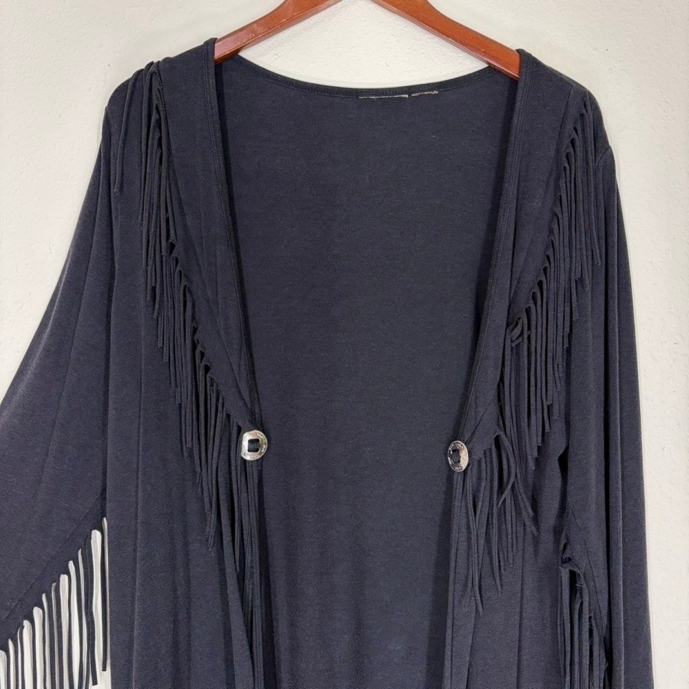 Women's Cardigan M Black Fringe Silver Concho Boho Longline Cowgirl Western Chic - Picture 3 of 9